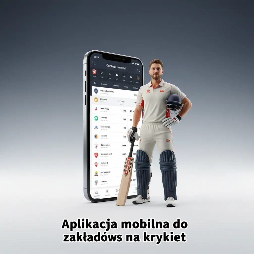 Ekran smartfona z aplikacją do zakładów na krykiet: kursy live, statystyki, szybkie stawki, cash out i płatności mobilne.