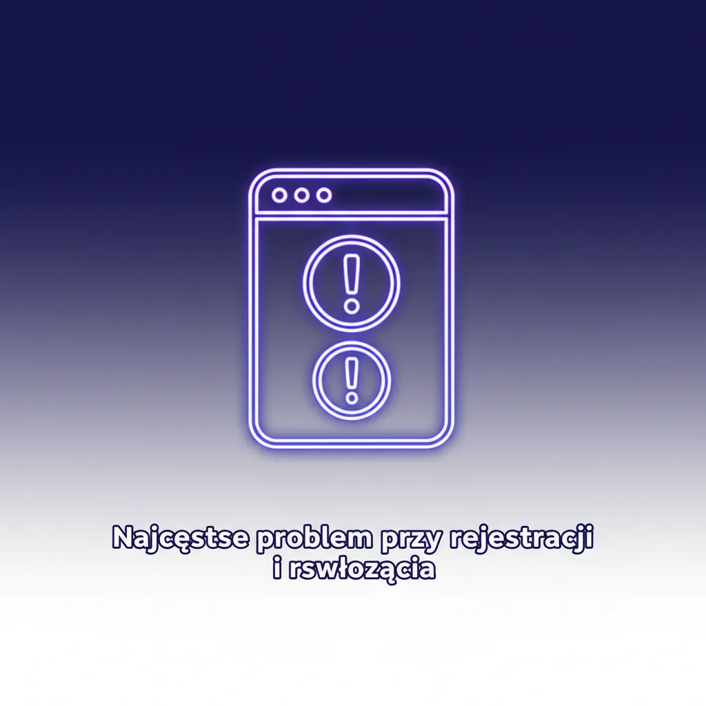 Grafika: najczęstsze problemy przy rejestracji i rozwiązania: e‑mail, SMS, dokumenty, duplikat konta, bonus.
