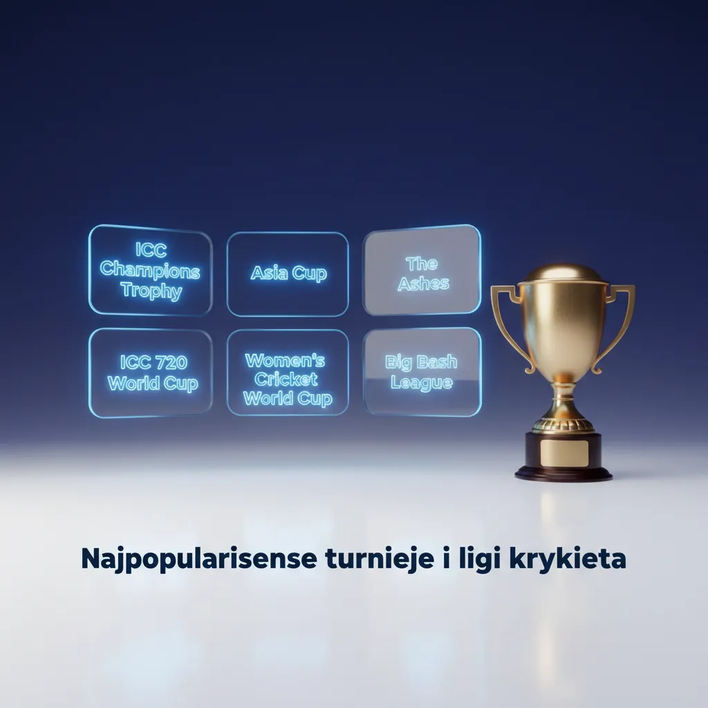 Infografika o najpopularniejszych turniejach i ligach krykieta: ICC World Cup, T20, The Ashes, IPL, BBL, PSL, CPL.