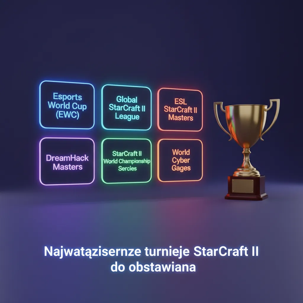 Kolaż trofeów i logotypów SC2: EWC, GSL, IEM Katowice – przewodnik po turniejach do obstawiania.