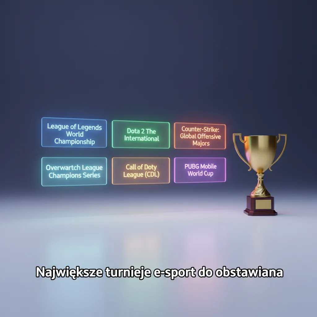 Tabela największych turniejów e-sport: CS2 (PGL Major, IEM), Dota 2 (TI), LoL (Worlds), Valorant (VCT), SC2, R6, MLBB
