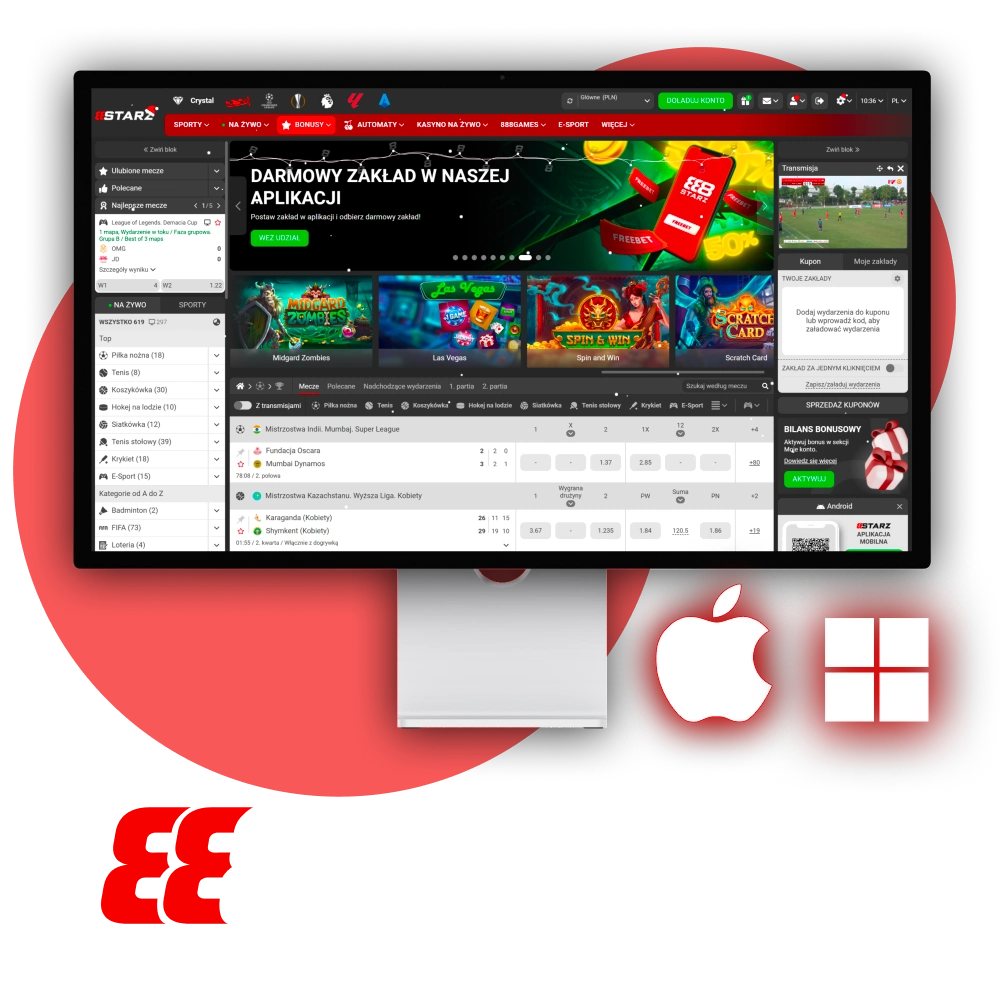 Zainstaluj 888Starz na swoim komputerze, aby cieszyć się stabilną rozgrywką na pełnym ekranie.