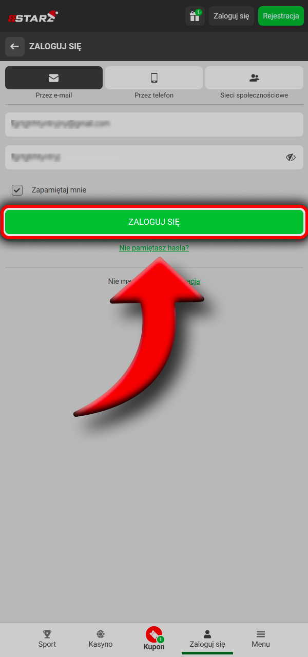 Wpisz e-mail i hasło, aby zalogować się do 888Starz.