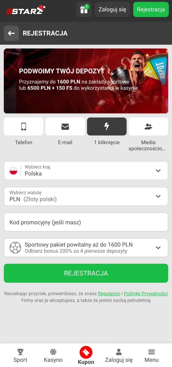 Rozpocznij proces rejestracji swojego konta 888Starz.