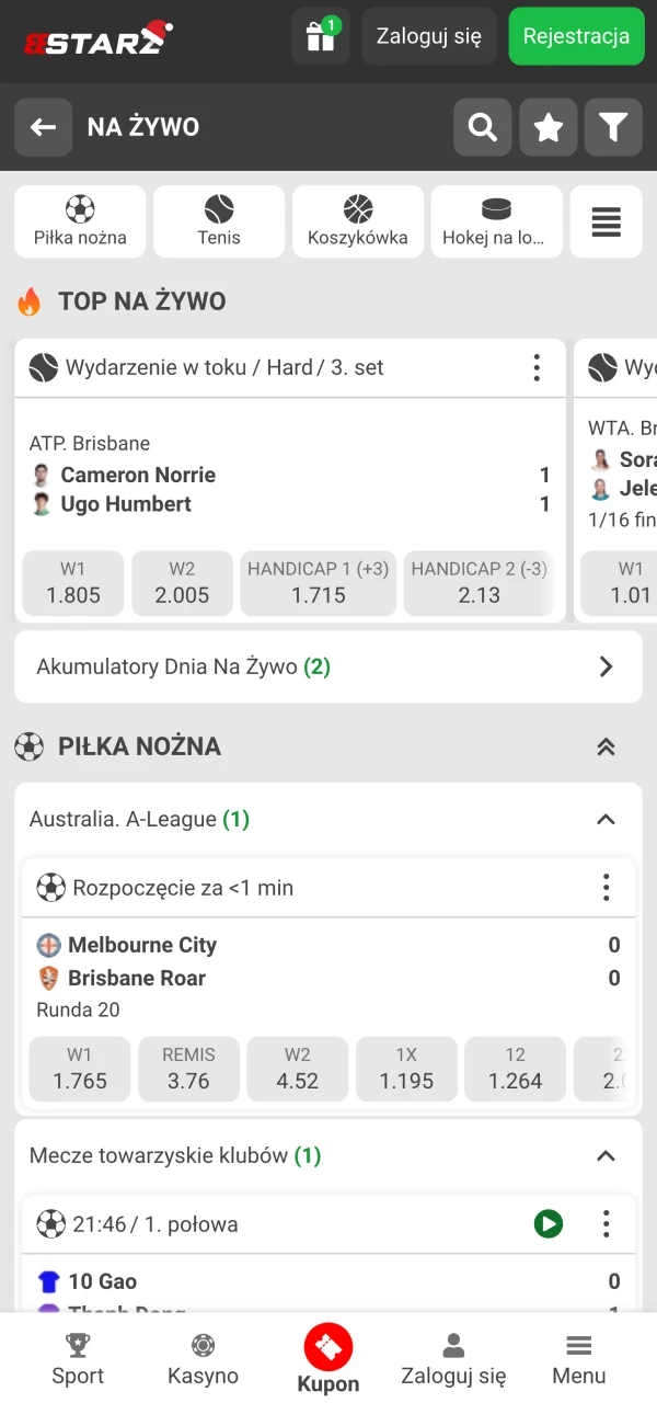 Zapoznaj się z sekcją sportową 888Starz w aplikacji.