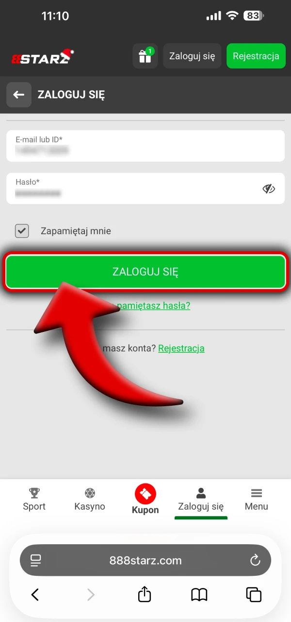 Wprowadź swoje dane osobowe w formularzu logowania 888Starz i potwierdź.