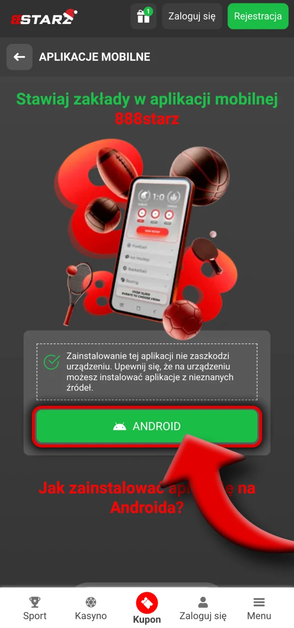 Naciśnij przycisk pobierania dla systemu Android na platformie 888Starz.