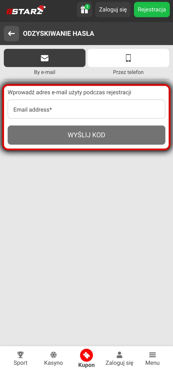 Możesz skorzystać z opcji Odzyskaj hasło w serwisie 888Starz.