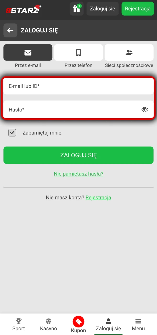 Wprowadź swoje dane osobowe i hasło w aplikacji 888Starz.