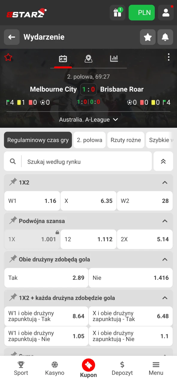 Otwórz aplikację Sports at 888Starz i wybierz mecz.