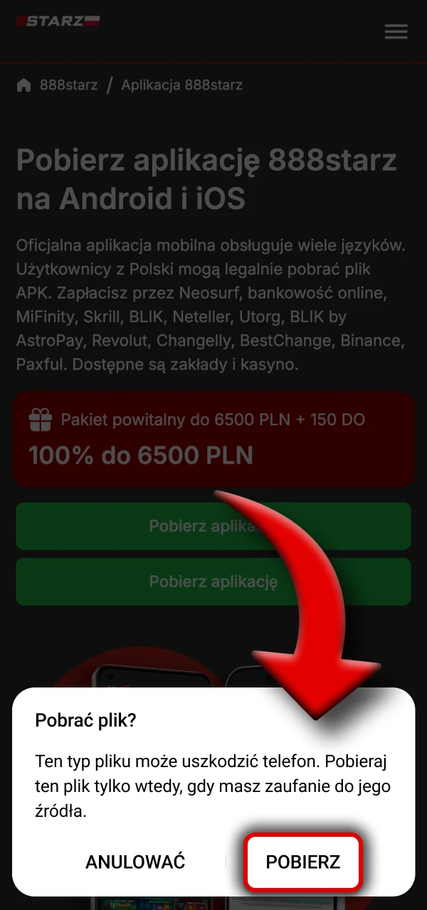 Zaakceptuj komunikat, aby kontynuować pobieranie pliku 888Starz.