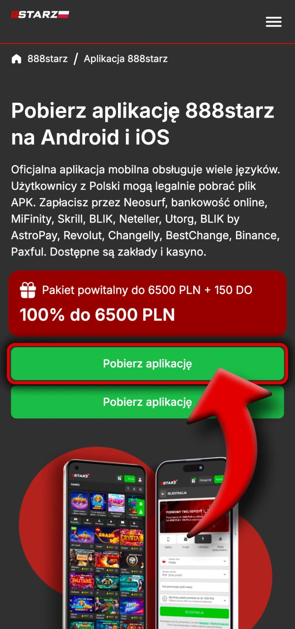 Kliknij przycisk na stronie 888Starz, aby pobrać plik APK.