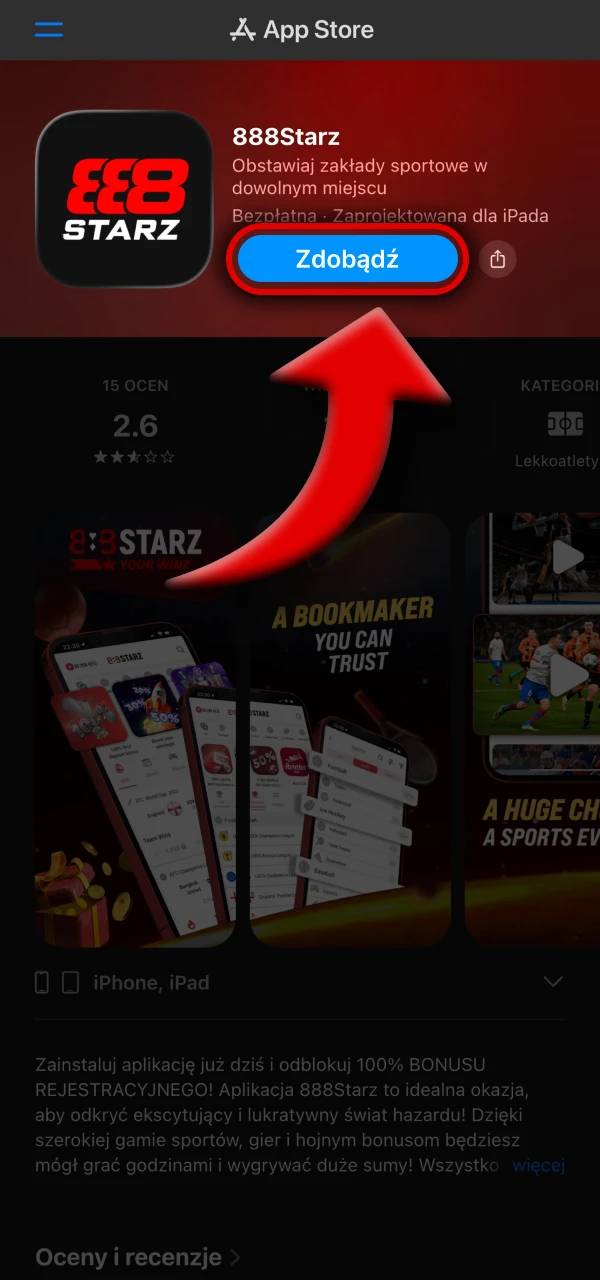 Poczekaj, aż instalacja aplikacji 888Starz się zakończy.