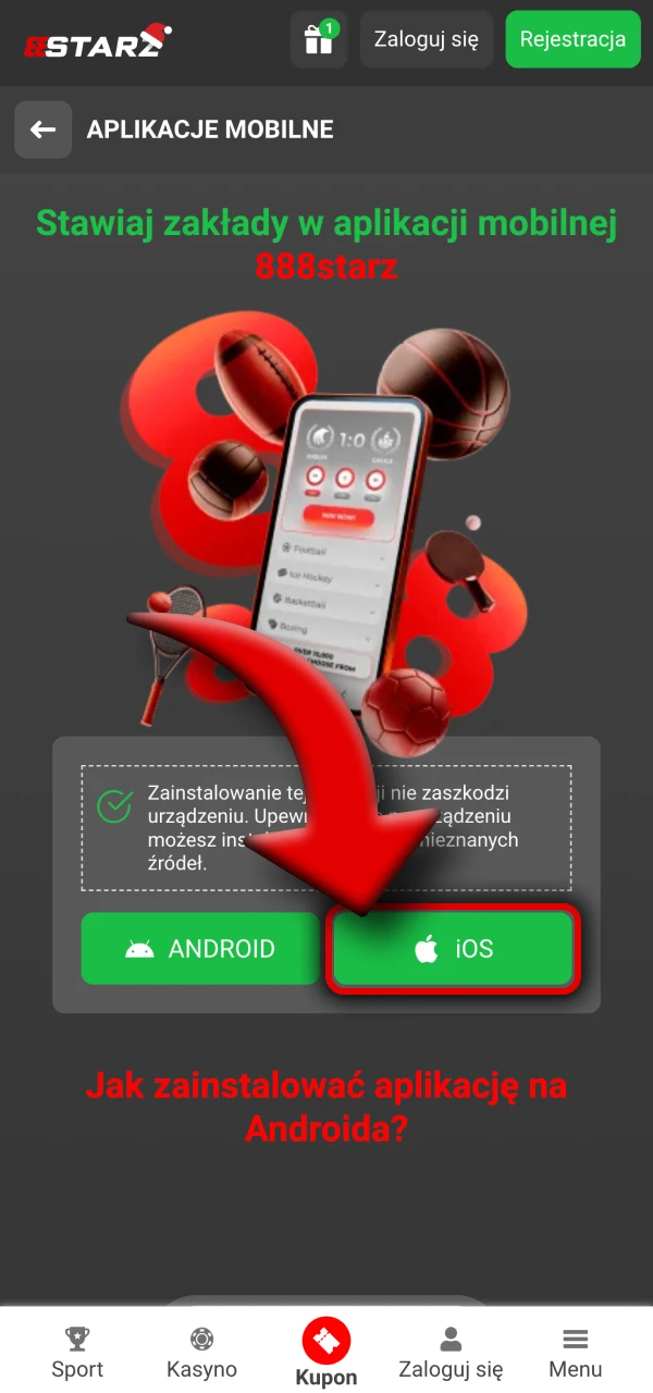 Rozpocznij proces pobierania aplikacji 888Starz na iOS.