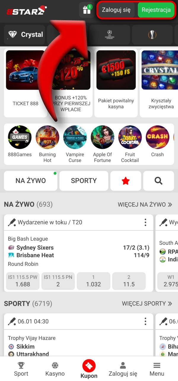 Uruchom aplikację 888Starz i załóż konto.