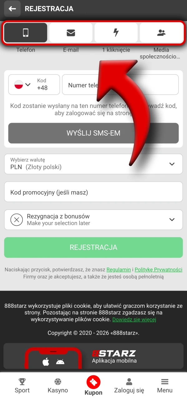 Wybierz metodę rejestracji w aplikacji 888Starz.