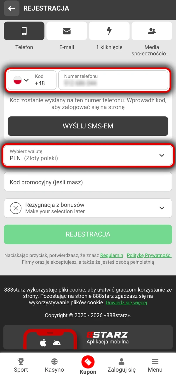 Wprowadź swoje dane osobowe w formularzu rejestracyjnym 888Starz.