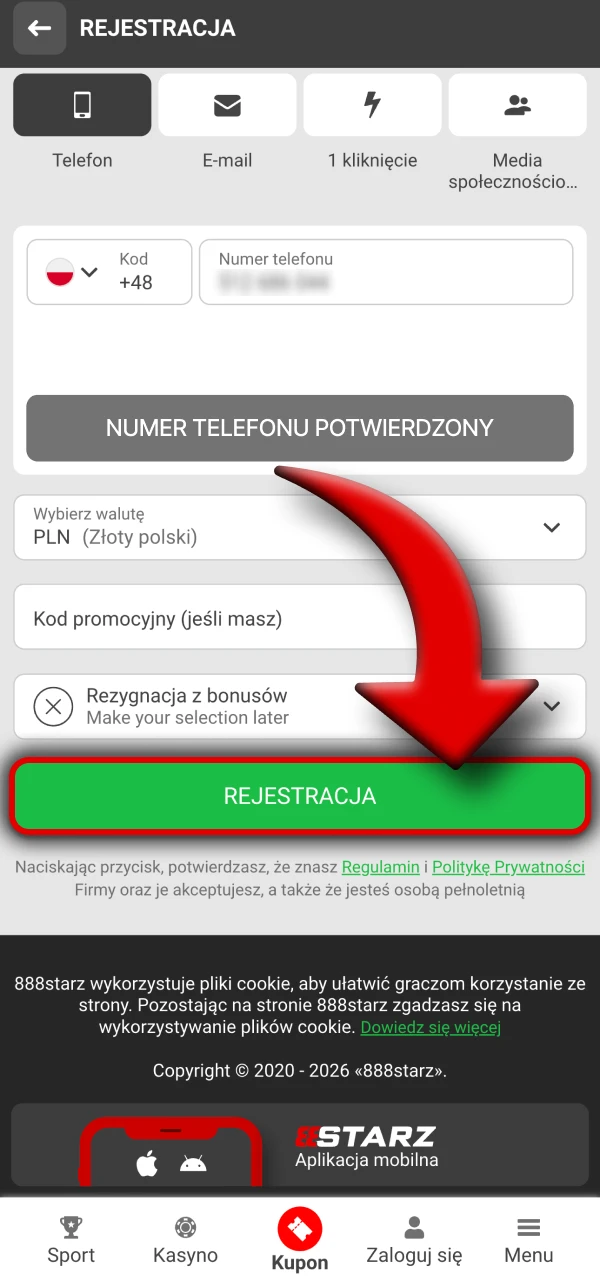 Zakończ tworzenie konta 888Starz.