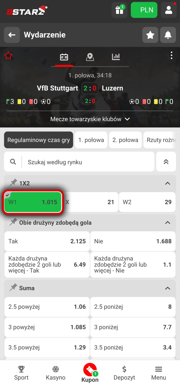 Wybierz wydarzenie w sekcji sportowej 888Starz.