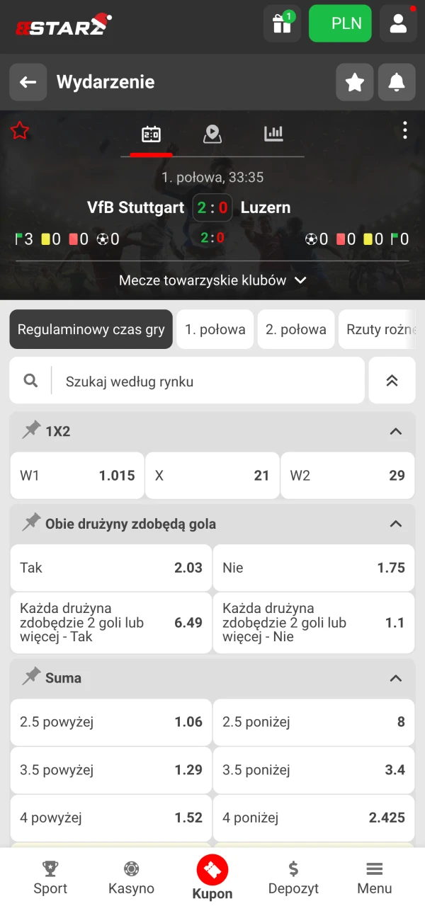 Wybierz sport i rynek w aplikacji 888Starz.