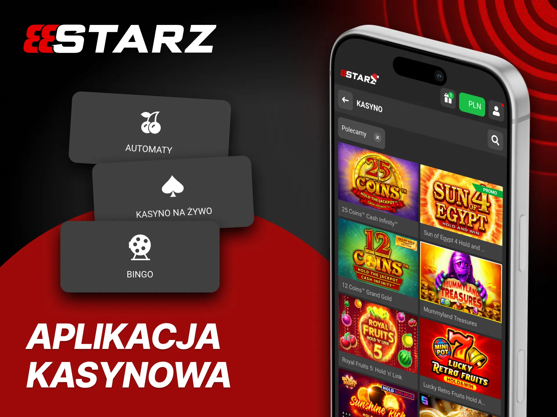 Ekran aplikacji kasynowej 888starz: szybkie przejście między zakładami i kasynem, sloty, gry stołowe, live od Evolution.