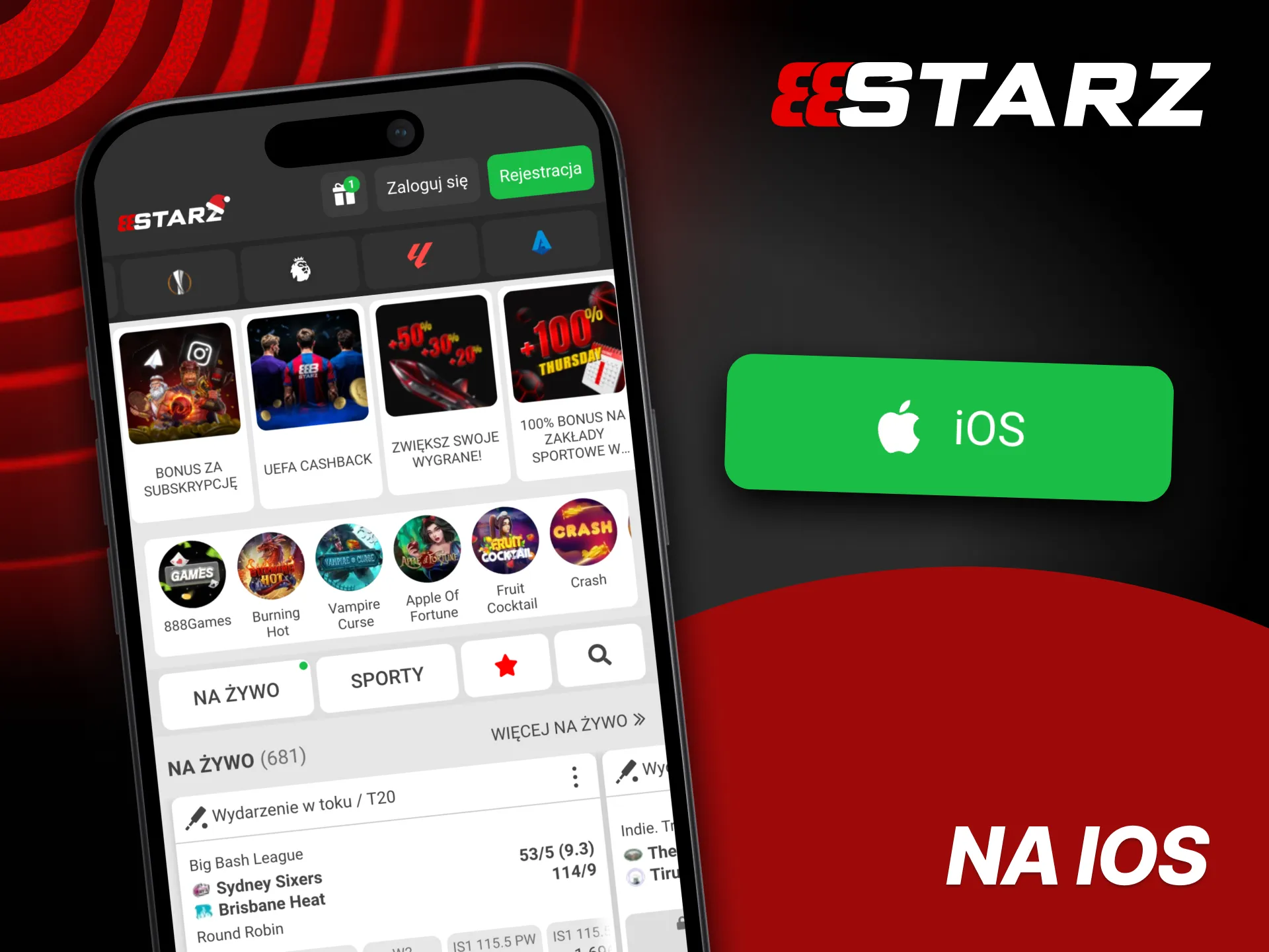 Ekran iPhone i iPad z aplikacją 888starz dla iOS: zakłady, kasyno, live, szybkie płatności, powiadomienia.