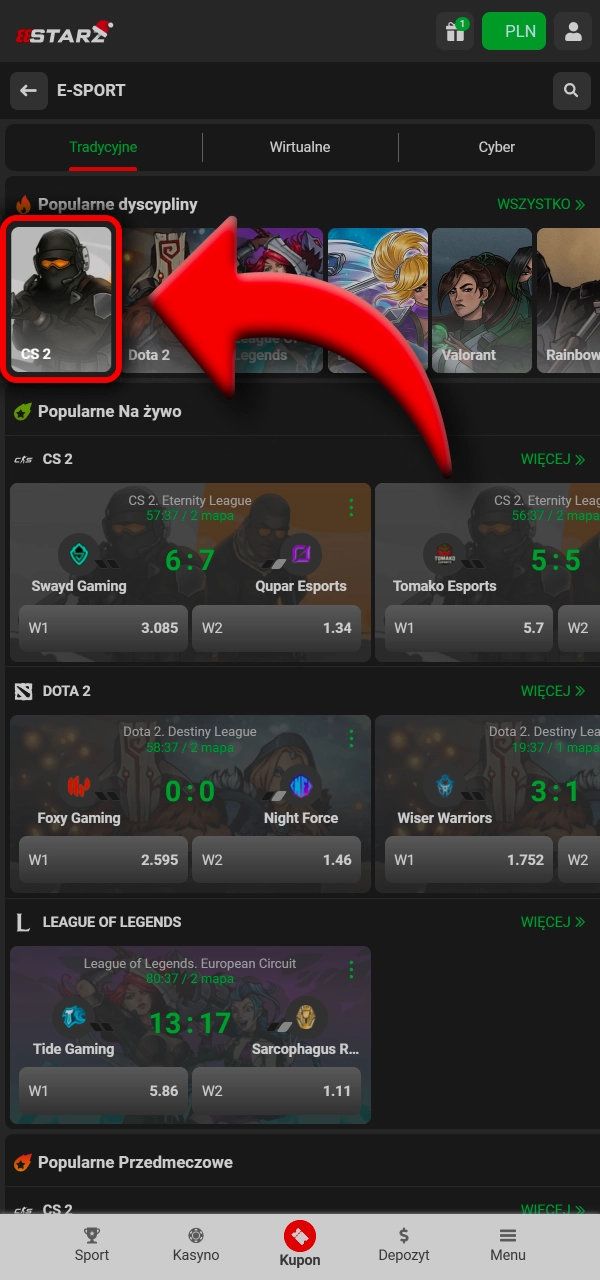 Wejdź do Esport i znajdź wydarzenia CS2 w 888Starz.
