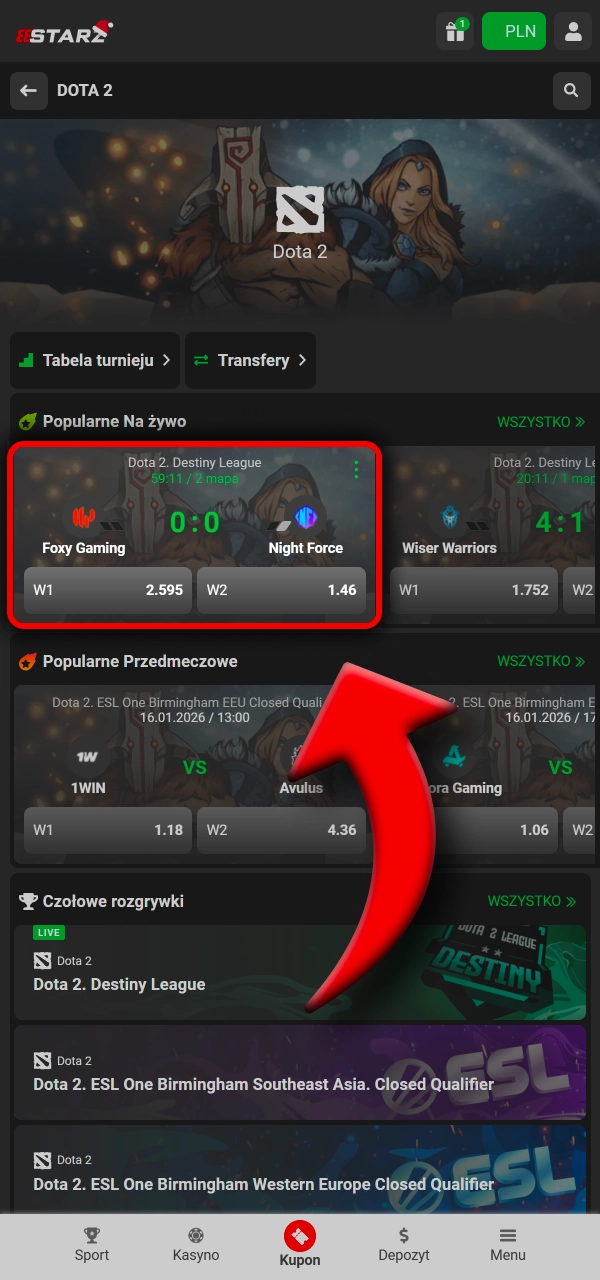 Otwórz turniej i wybierz rynek, aby postawić kupon w 888Starz.