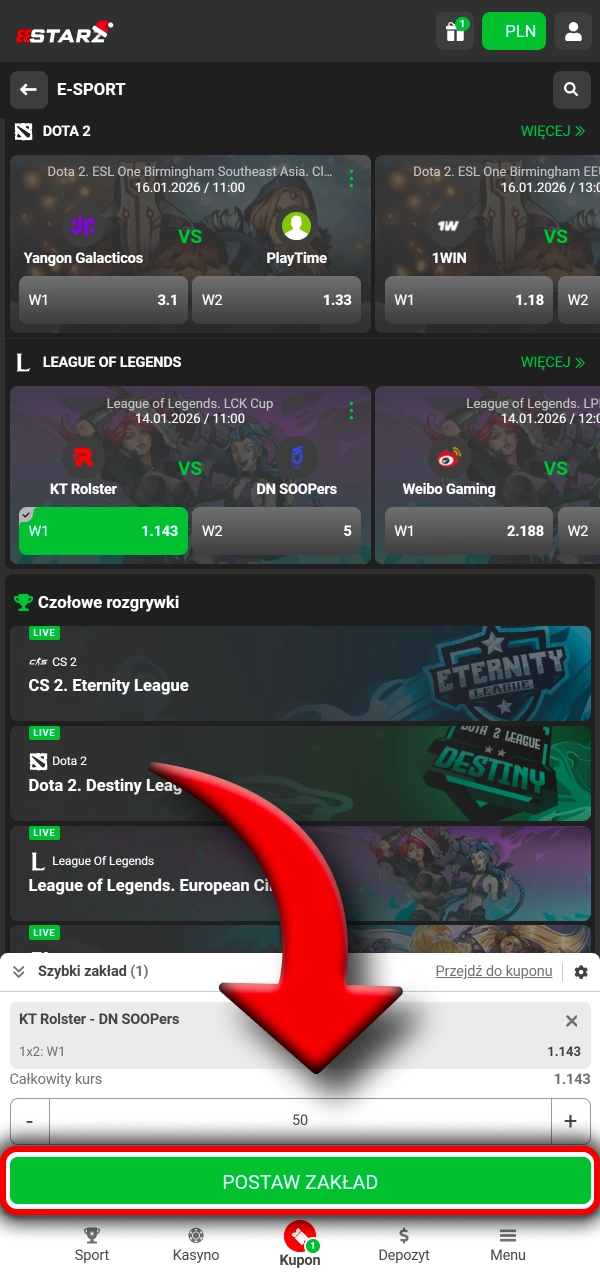 Wejdź do E-Sport w 888Starz i obstaw w kilka kliknięć.