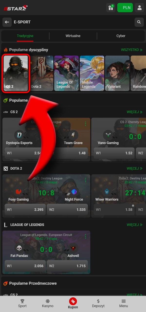 Przejdź do E-Sport i wybierz zakład dopasowany do siebie w 888Starz.