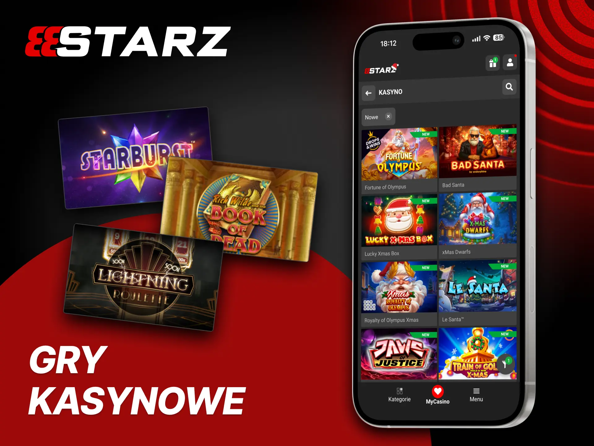 Zrzut ekranu aplikacji 888starz: ikony slotów i stołów na żywo, m.in. Book of Dead, Starburst, Lightning Roulette.