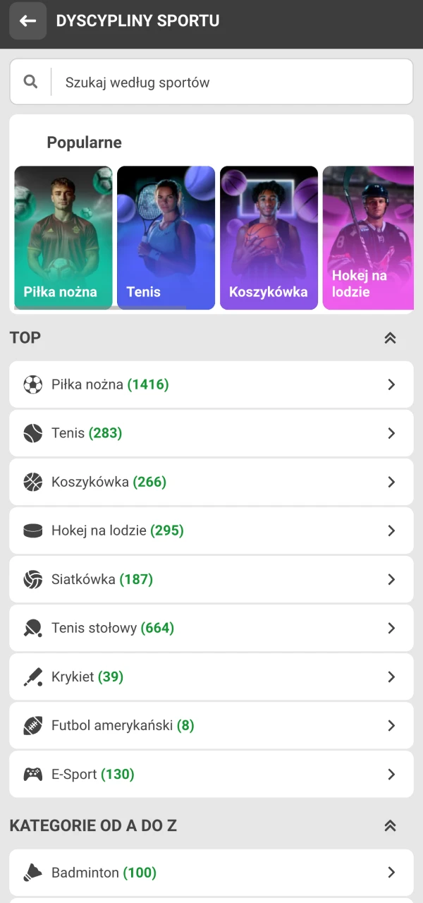 Platforma 888Starz oferuje szeroki wybór dyscyplin sportowych.