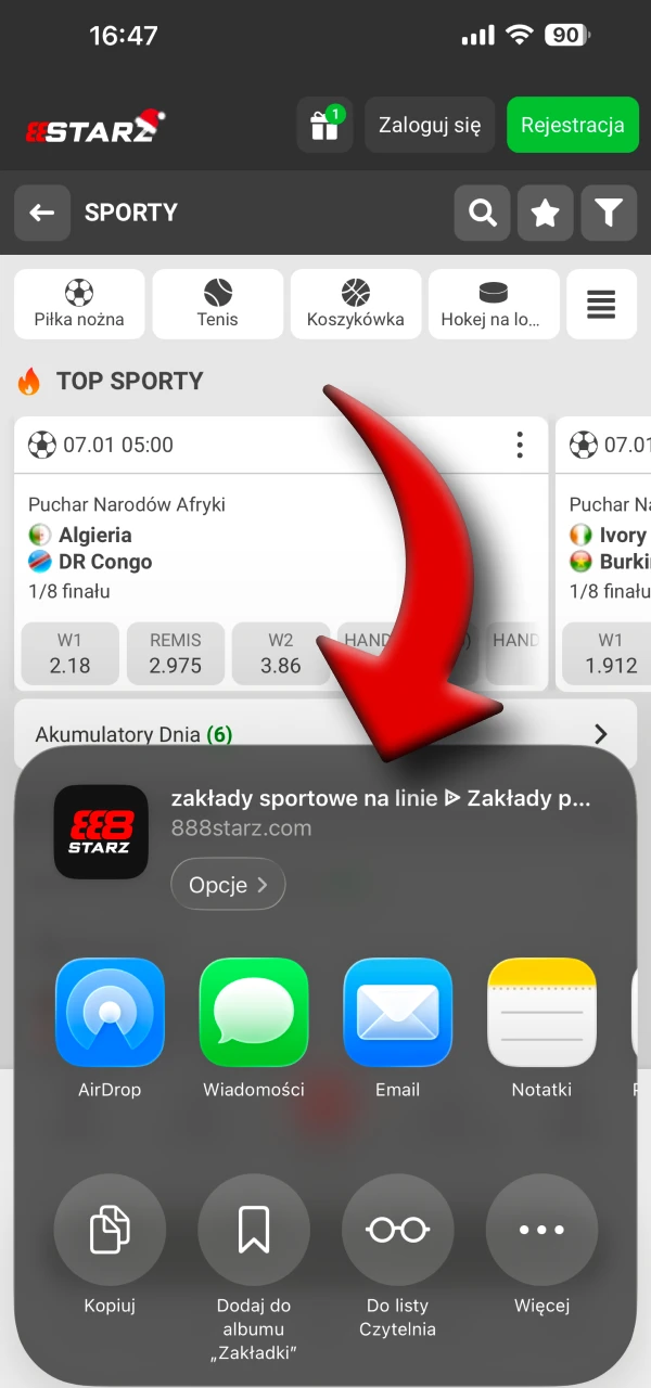 Znajdź ikonę udostępniania na dolnym pasku 888Starz.
