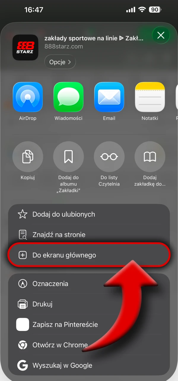 Dodaj skrót 888Starz do ekranu głównego.