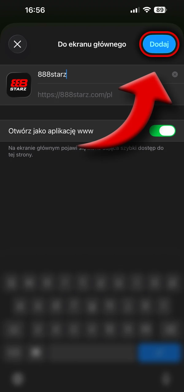 Potwierdź dodanie skrótu 888Starz PWA.