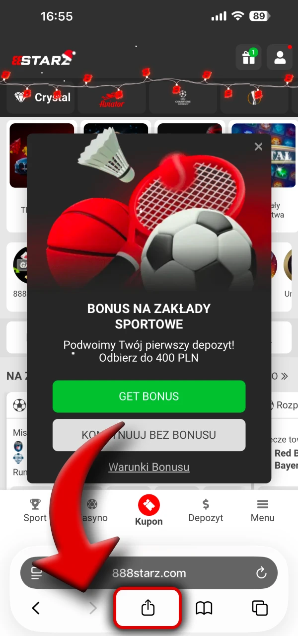 Naciśnij przycisk Udostępnij, aby dodać ikonę 888Starz.