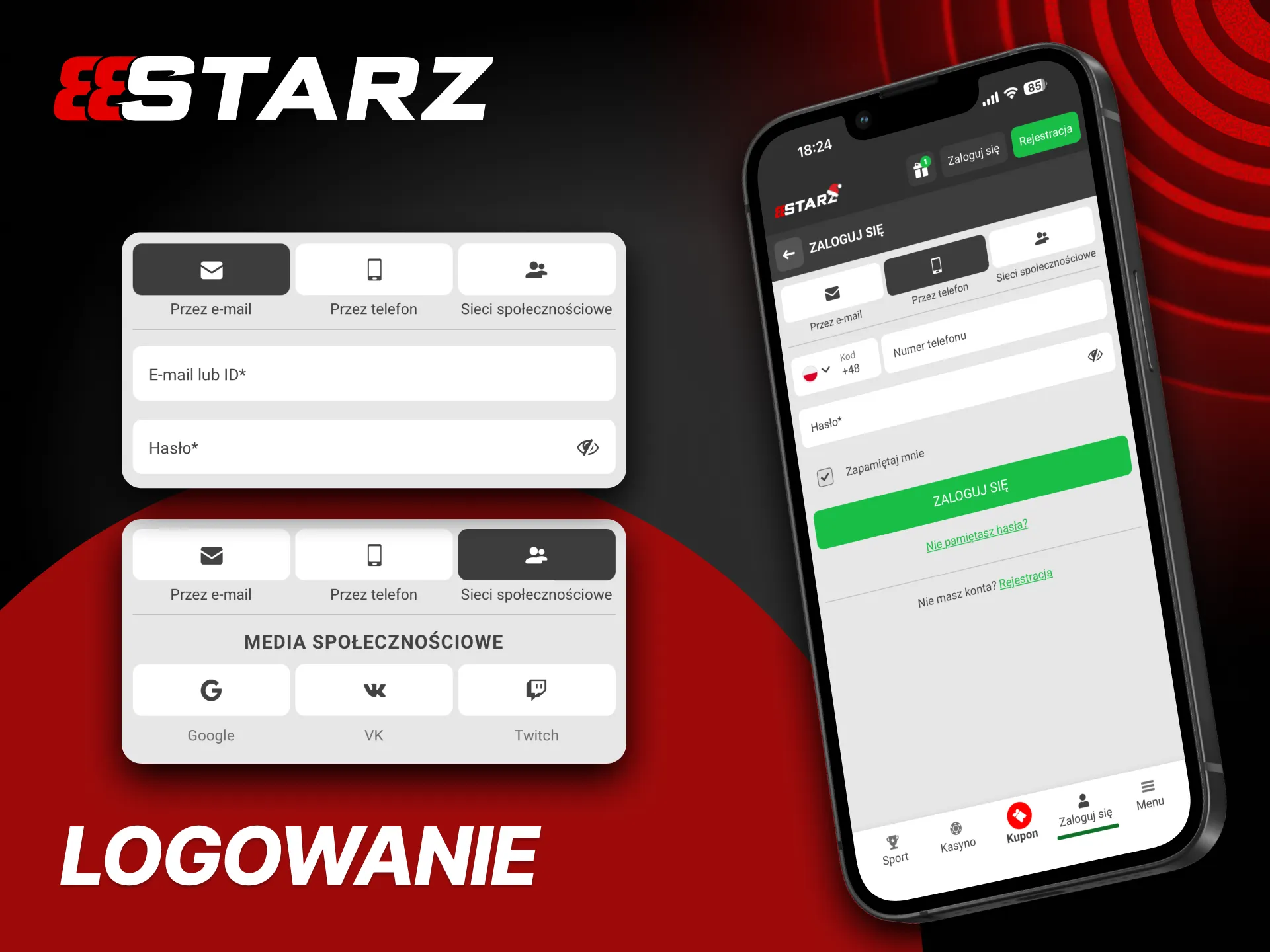 Ekran logowania 888starz na iPhone: pola e-mail/ID i hasła, przycisk Zaloguj, opcja Face ID i zapamiętanie danych.