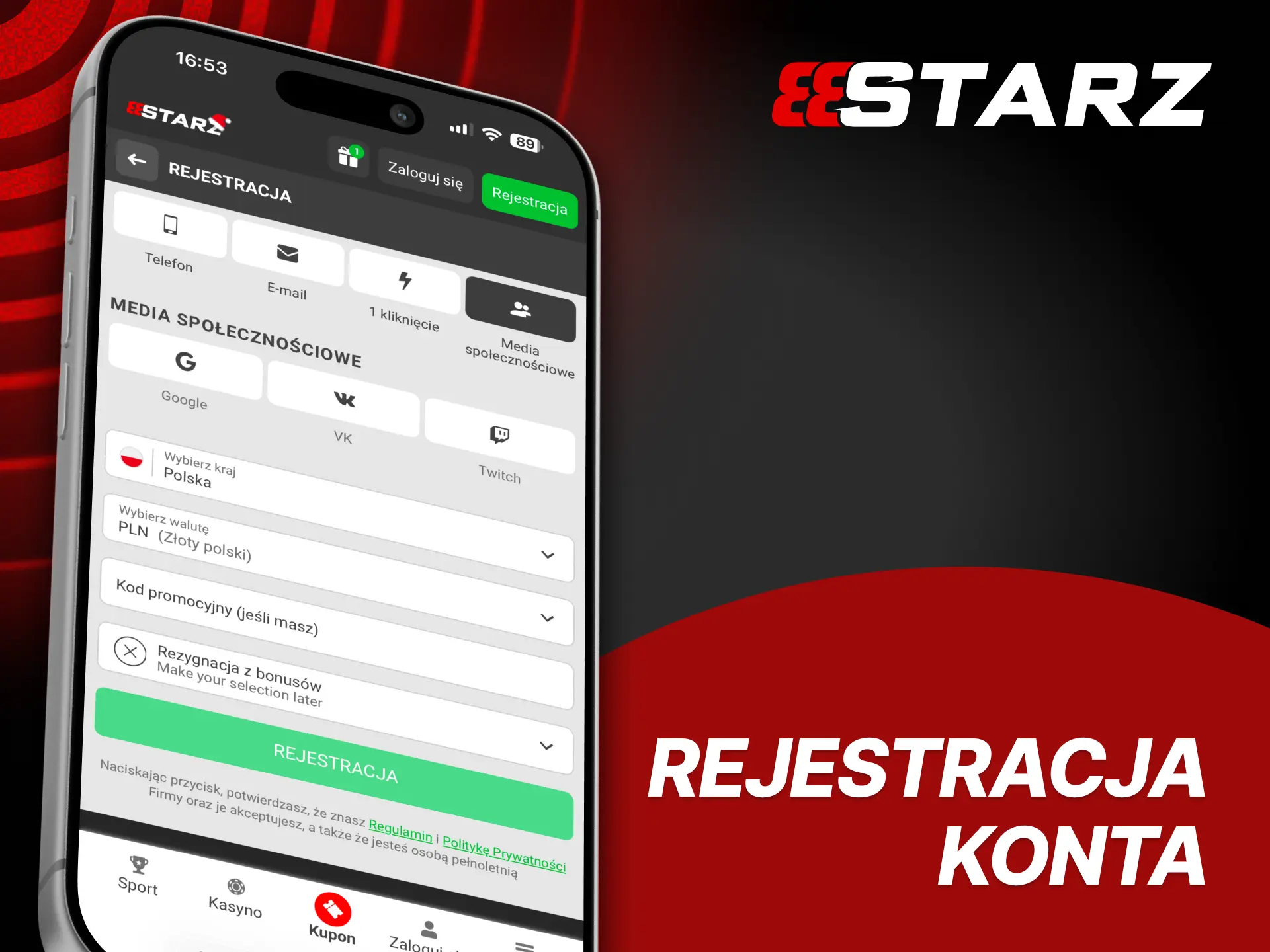 Ekran rejestracji 888starz: wybór metody, dane, PLN, limity, zgoda, kod, weryfikacja; dane szyfrowane.