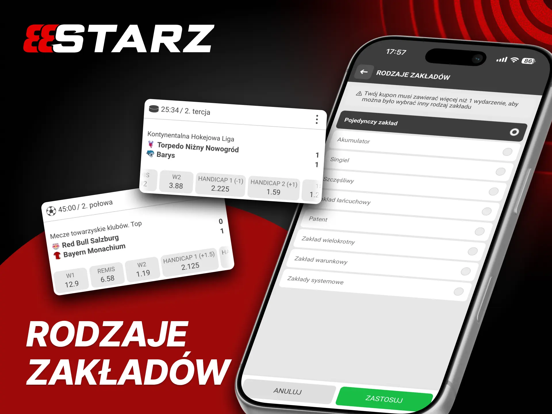 Ekran aplikacji 888starz: rodzaje zakładów – Singiel, AKO, System, Handicap, Over/Under, łączony; reguły rynku widoczne.