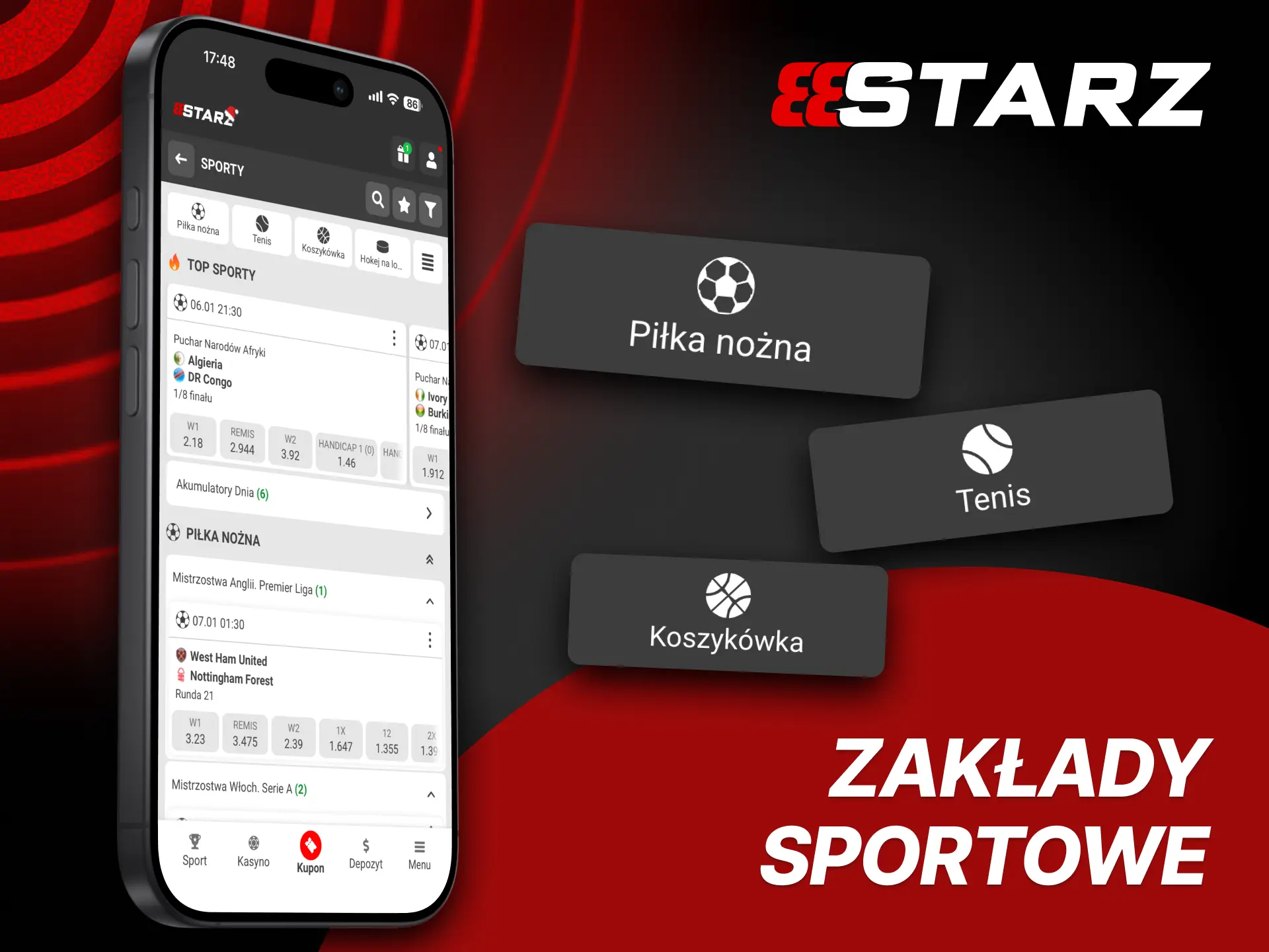 Ekran aplikacji 888starz z zakładami sportowymi na żywo: piłka nożna, tenis, koszykówka, e-sporty, F1.