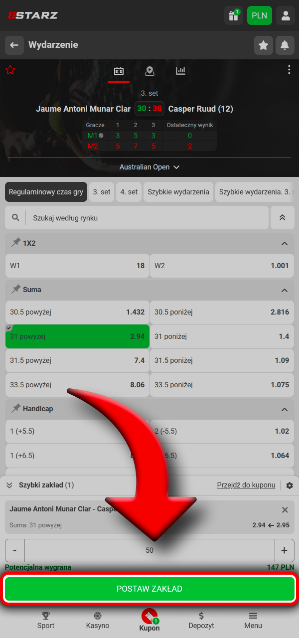 Potwierdź zakład na 888Starz i śledź wynik w sekcji moje zakłady lub Live.
