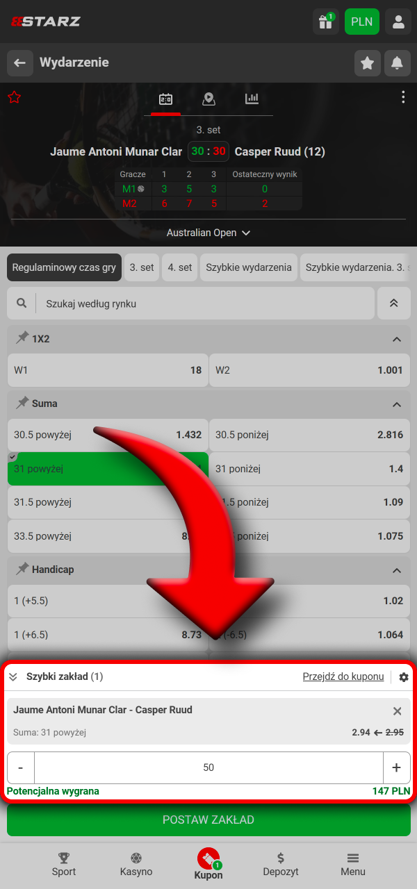 Ustal stawkę na 888Starz i sprawdź kupon wraz z możliwą wygraną przed zatwierdzeniem.
