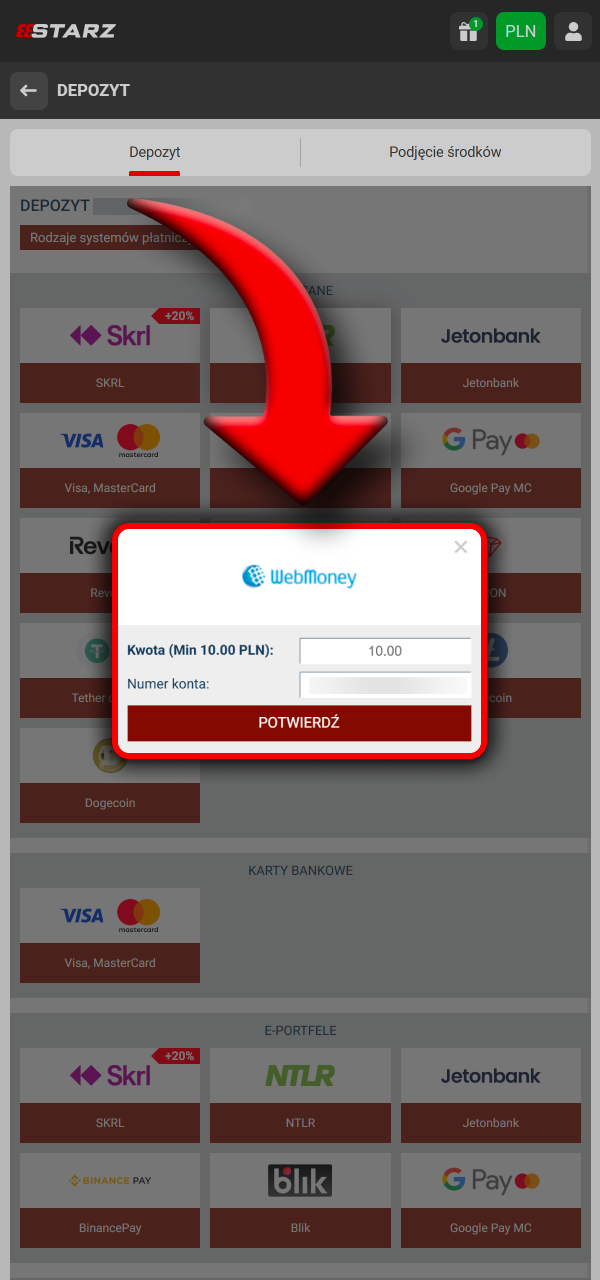 Zasil saldo na 888Starz wybierz metodę wpłaty i potwierdź aby środki pojawiły się od razu.