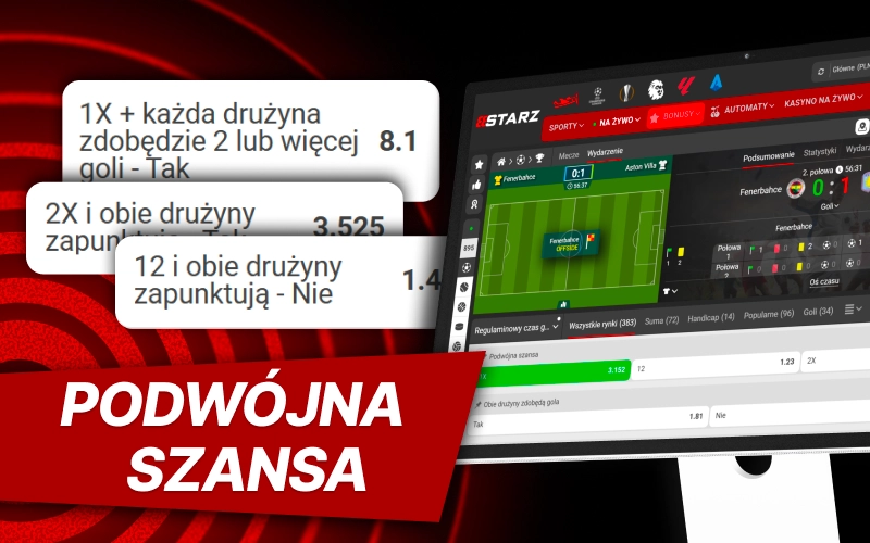 Wybierz podwójną szansę na 888Starz i zwiększ bezpieczeństwo kuponu dzięki dwóm wynikom.