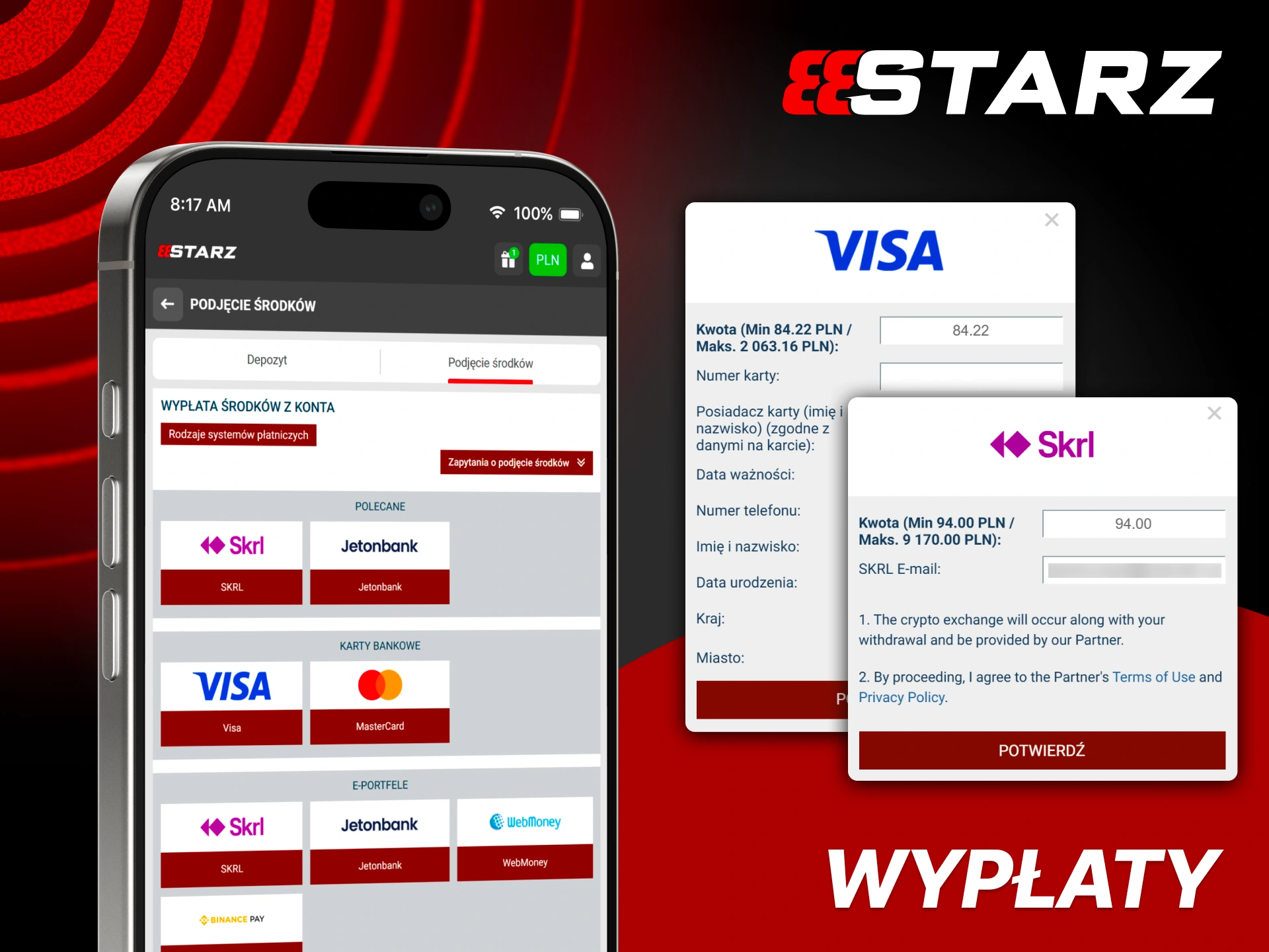 Wypłać środki z 888Starz po weryfikacji konta i śledź status transakcji online.
