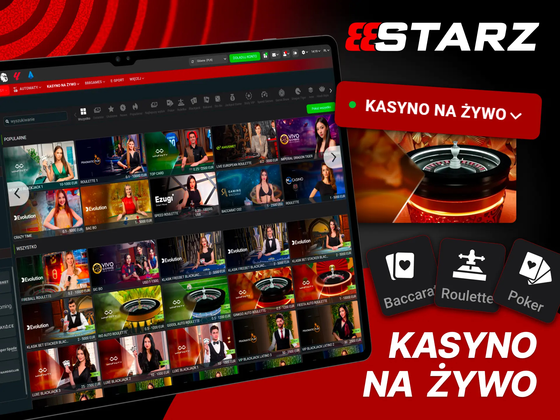 Graj na żywo z prawdziwymi krupierami w 888Starz.