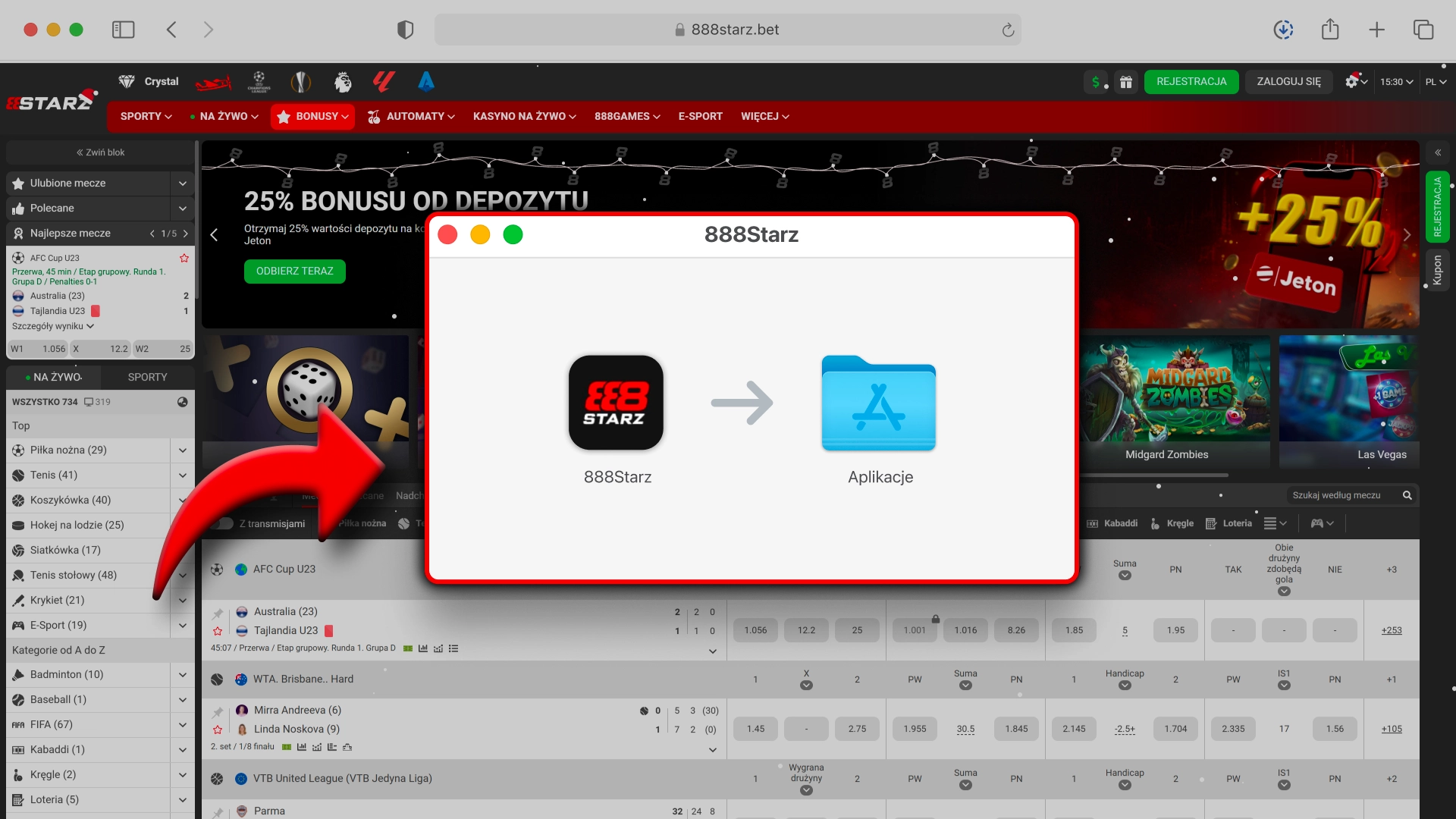 Przeciągnij ikonę do folderu aplikacje i zainstaluj 888Starz na Macu.