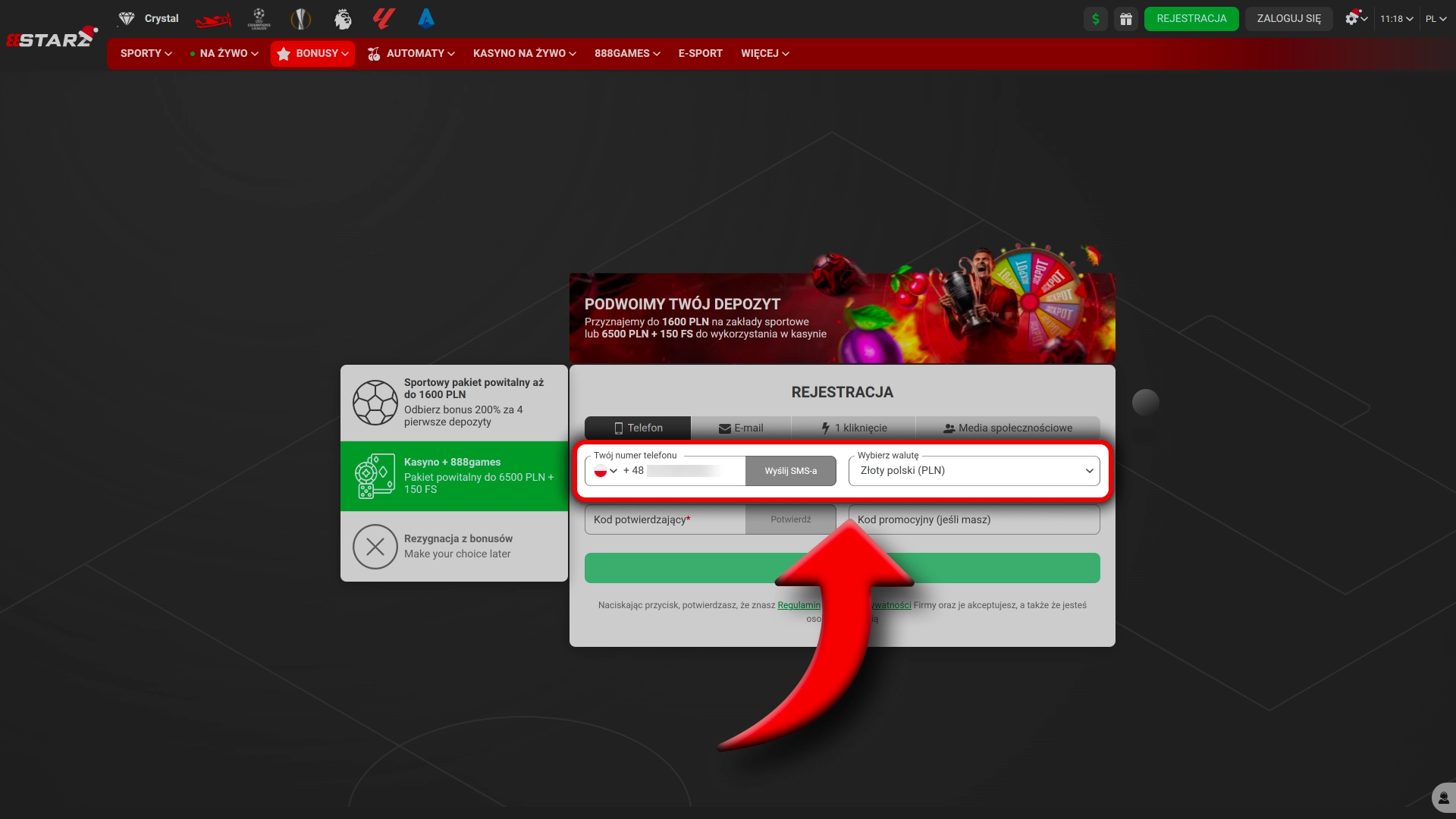 Uzupełnij dane i zaakceptuj regulamin w 888Starz.