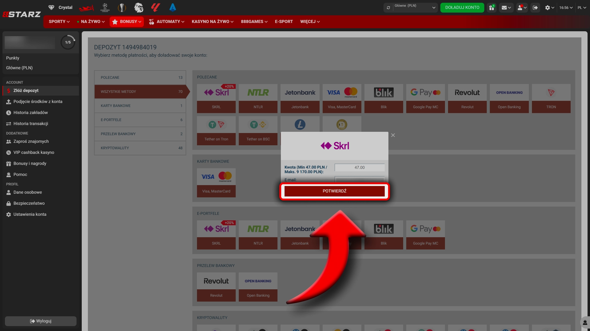 Potwierdź wpłatę i odbierz bonus w 888Starz.
