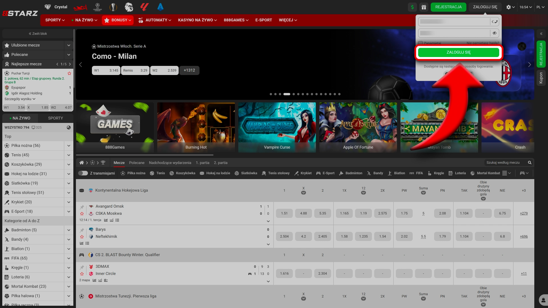 Uzyskaj dostęp do bonusów po logowaniu 888Starz.